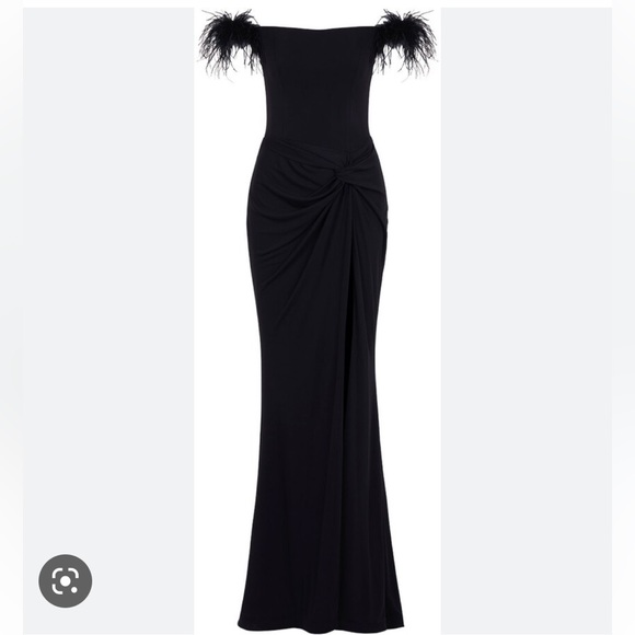 NOCTURNE Dresses & Skirts - NOCTURNE LONG SLIT DRESS WITH FEATHERS